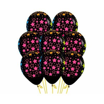 Sempertex 30cm Bold Neon Stars on Fashion Black Latex Balloons, 12PK