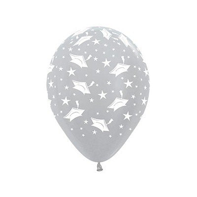 Sempertex 30cm Graduation Hats & Stars Satin Pearl Silver Latex Balloons, 12PK