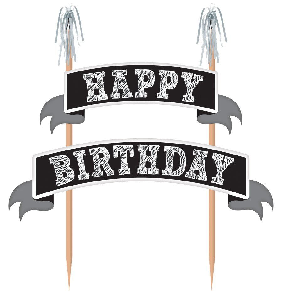Cake Pick Happy Birthday Black - Wood with Paper & Foil