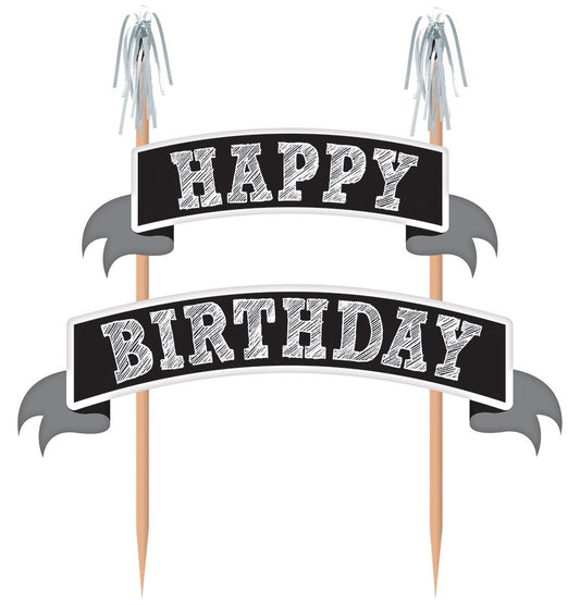 Cake Pick Happy Birthday Black - Wood with Paper & Foil