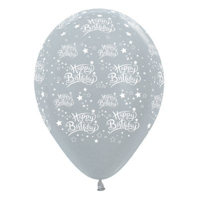 Sempertex 30cm Happy Birthday Stars Satin Pearl Silver Latex Balloons, 6PK