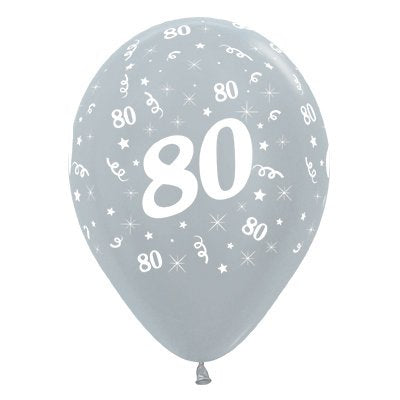 Sempertex 30cm Age 80 Satin Pearl Silver Latex Balloons, 6PK