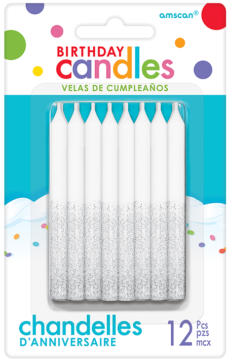 Candles White & Silver Glitter Dip 8cm