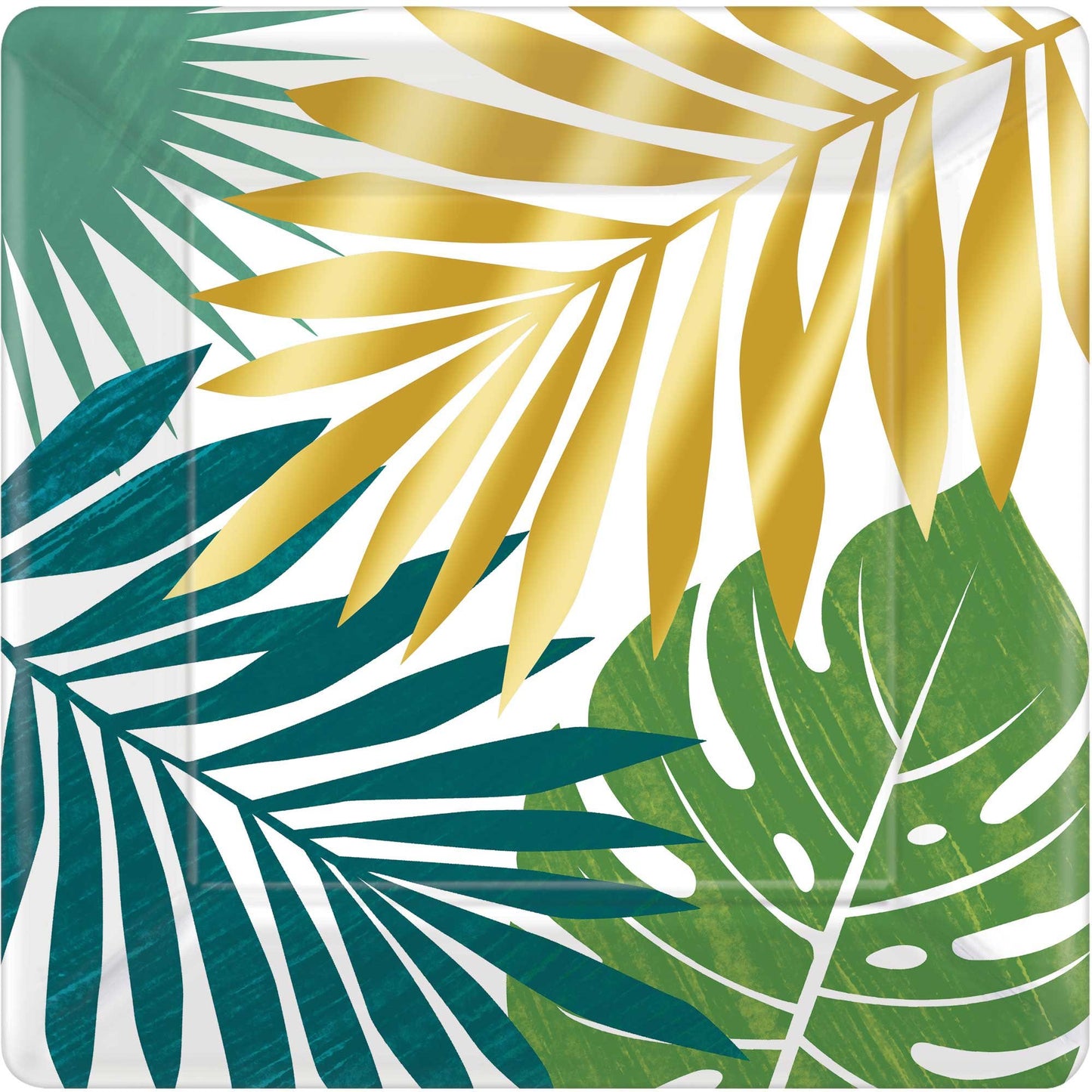 Key West Metallic 25cm Square Paper Plates Palm Leaves