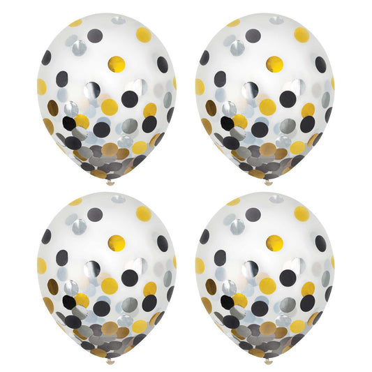 Latex Balloons 30cm & Confetti Black, Silver & Gold