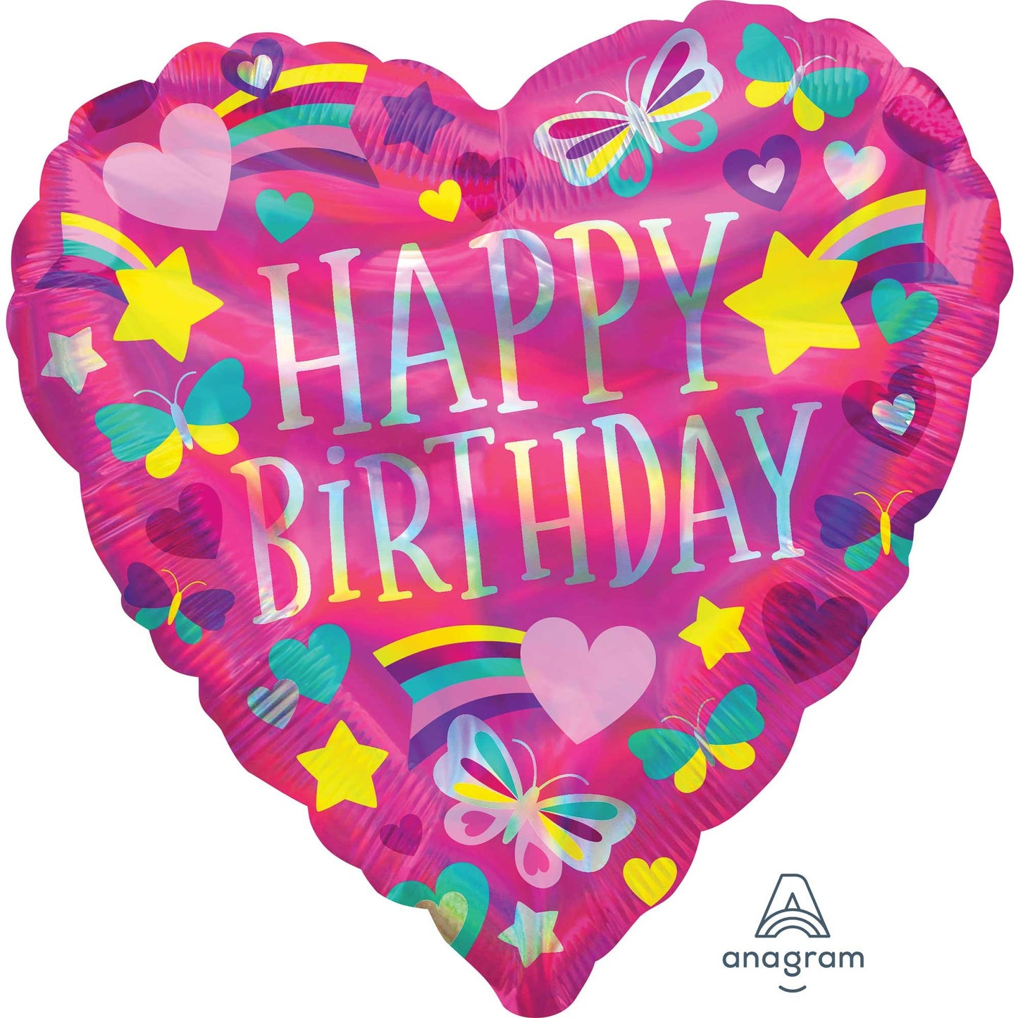 45cm Standard Holographic Iridescent Happy Birthday Rainbow Hearts