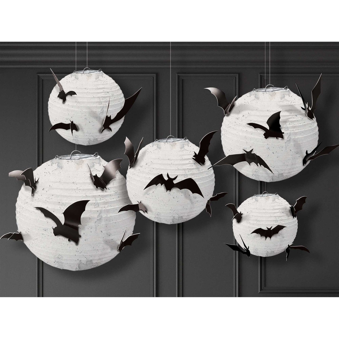 Halloween Classic Black & White Paper Lanterns with Bat Add Ons