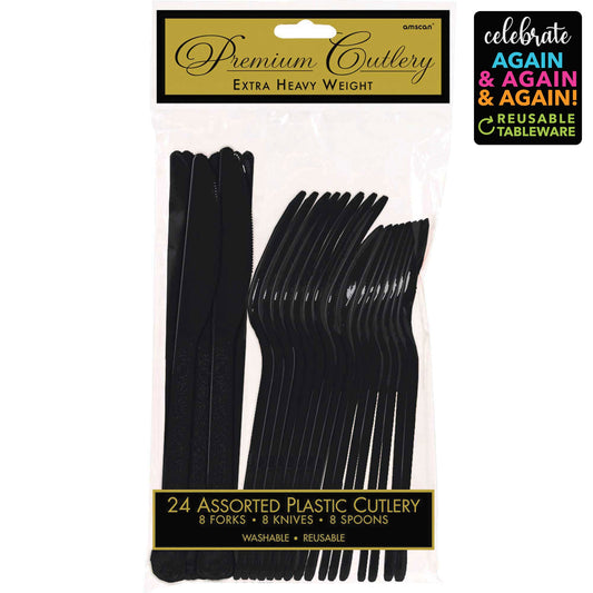 Premium Cutlery Set 24 Pack Jet Black - Extra Heavy Weight