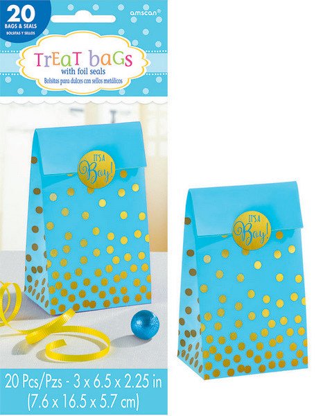 Foil Stamped Blue Paper Treat Bags & It's A Boy Stickers
