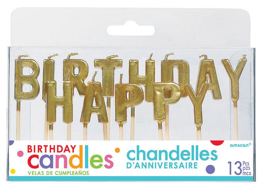Happy Birthday Pick Candles - Metallic Gold with Plastic Picks