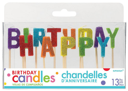 Happy Birthday Pick Candles - Glitter Multi-Coloured with Plastic Picks