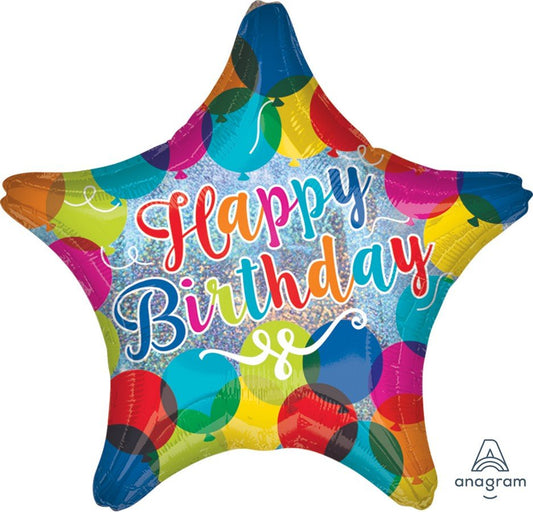 45cm Standard Holographic Star Happy Birthday Sparkle Balloons