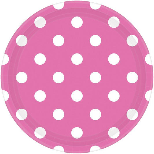 Dots 17cm Round Paper Plates Bright Pink