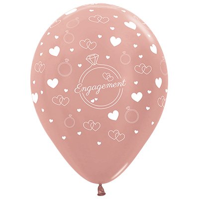 Sempertex 30cm Engagement Diamond Rings & Hearts Metallic Rose Gold Latex Balloons, 6PK