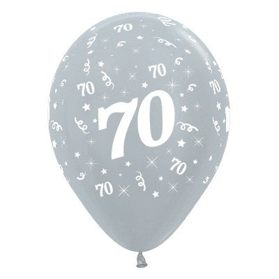 Sempertex 30cm Age 70 Satin Pearl Silver Latex Balloons, 6PK