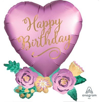 SuperShape Happy Birthday Satin Heart with Flowers