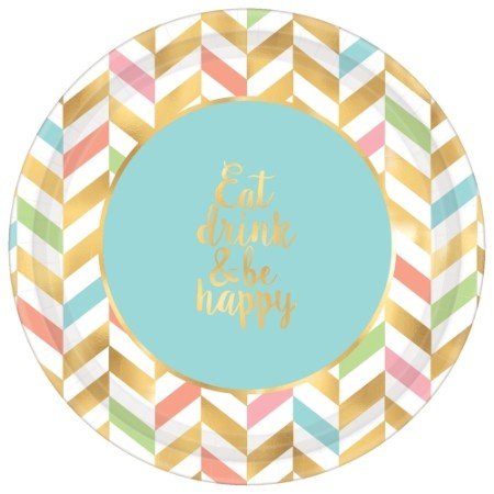 Eat, Drink & Be Happy 26cm Round Metallic Paper Plates