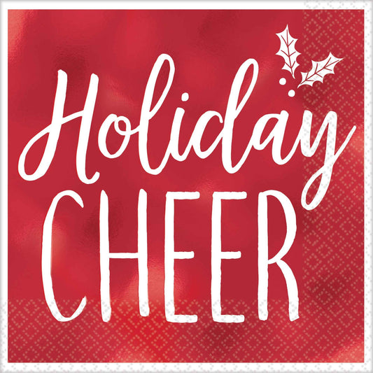 Holiday Cheer Red Beverage Napkins Foil Hot Stamped