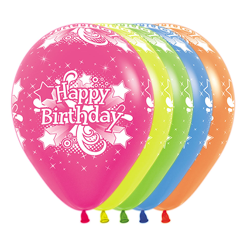 Sempertex 30cm Happy Birthday Neon Party Assorted Latex Balloons 12PK