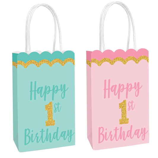 1st Birthday Glittered Kraft Loot Bags (Pack of 8)
