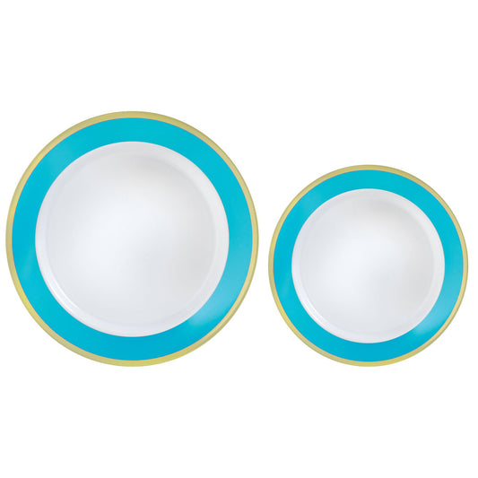 Premium Plastic Plates Hot Stamped with Caribbean Blue Border